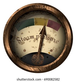 The Steam pressure meter in grunge or steampunk style. Device for measuring steam pressure.