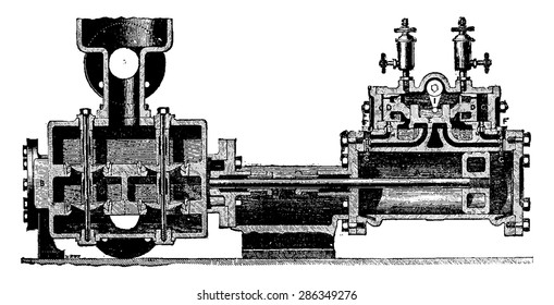 Steam pump direct action, M.Tangye, vintage engraved illustration. Industrial encyclopedia E.-O. Lami - 1875.