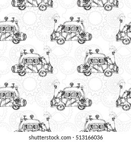 Steam punk cartoon cars  seamless pattern  background with clock wheels