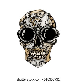 Steam punk color mechanical skull on  white background