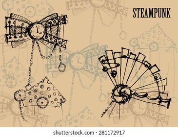 Steam punk elements. Tie bow and hand fan. Background. 