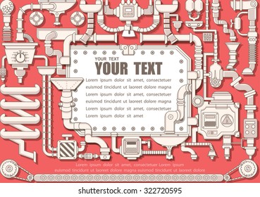 Steam punk frame with industrial machines gears chains and technical elements, illustrator Vector