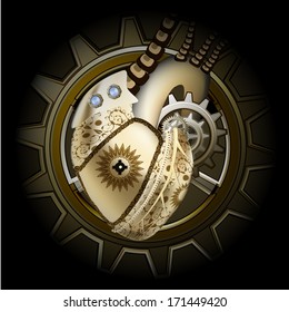 Steam punk golden mechanical heart illustration