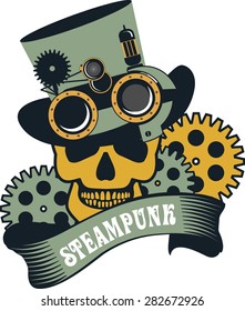 Steam punk illustration of a human skull in a hat with details on a white background