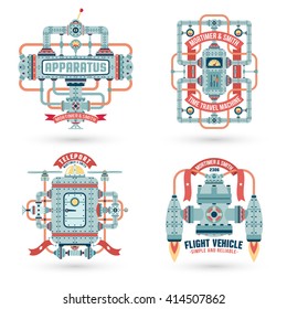 Steam punk logos. Vintage fantastic machinery, machines, assemblies. Intricate engineering devices. Text on a separate layer.