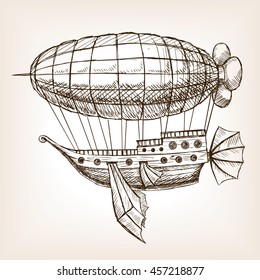 Steam punk mechanical flying airship sketch style vector illustration. Old engraving imitation.