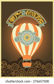 Steam punk poster with a picture of the airship on a background of gears and mechanical components