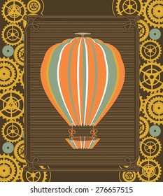 Steam punk poster with a picture of the airship on a background of gears and mechanical components