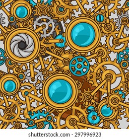 Steam Punk Seamless Pattern Of Metal Gears In Doodle Style.