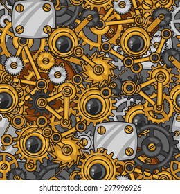 Steam punk seamless pattern of metal gears in doodle style.