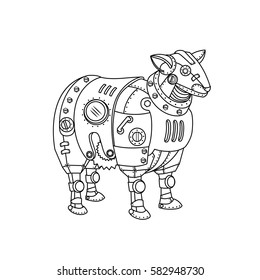 Steam punk sheep. Mechanical animal.  Freehand sketch for adult anti stress coloring book page with doodle and zentangle elements.