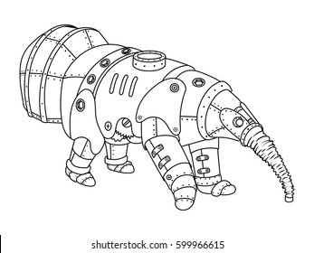 Steam punk style anteater. Mechanical animal. Coloring book vector illustration.