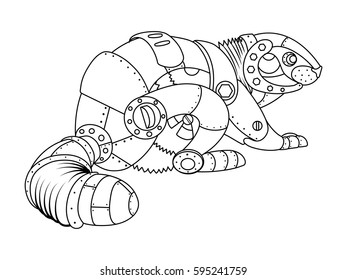 Steam punk style beaver. Mechanical animal. Coloring book vector illustration.