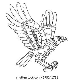 Steam punk style crow. Mechanical animal. Coloring book vector illustration.