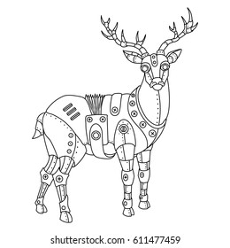 Steam punk style deer. Mechanical animal. Coloring book vector illustration.