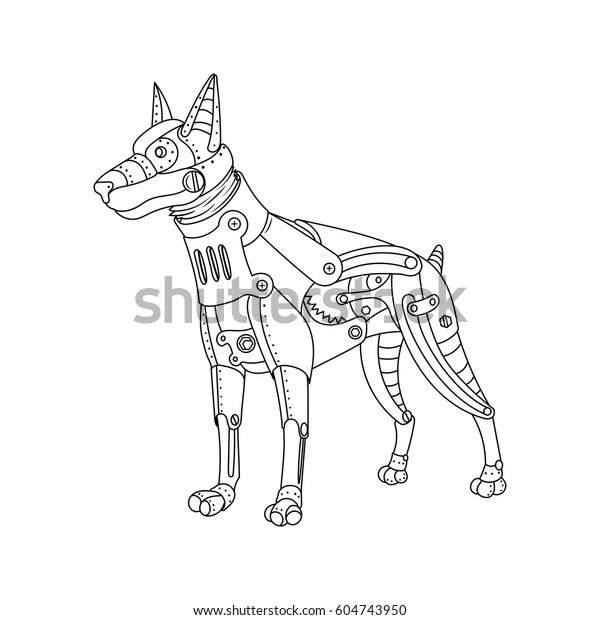 スチームパンク式のドバーマン犬 機械動物 塗り絵本のベクターイラスト のベクター画像素材 ロイヤリティフリー