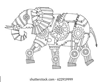 Steam punk style elephant. Mechanical animal. Coloring book vector illustration.