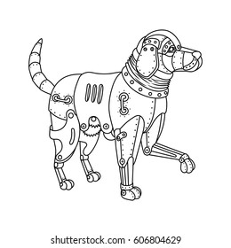 Steam punk style golden retriever dog. Mechanical animal. Coloring book vector illustration.