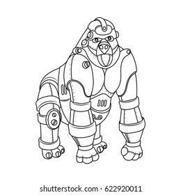 Steam punk style gorilla. Mechanical animal. Coloring book vector illustration.