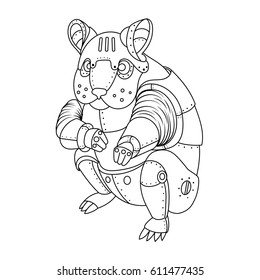 Steam punk style hamster. Mechanical animal. Coloring book vector illustration.