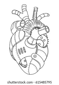 Steam punk style metal heart. Mechanical organ. Coloring book vector illustration.