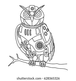 Steam punk style owl. Mechanical animal. Coloring book vector illustration.