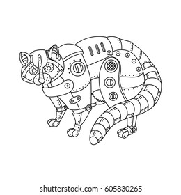 Steam punk style raccoon. Mechanical animal. Coloring book vector illustration.