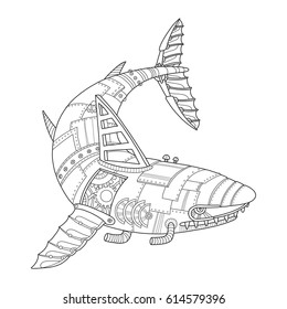 Steam punk style shark. Mechanical animal. Coloring book vector illustration.