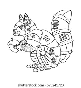 Steam Punk Style Squirrel. Mechanical Animal. Coloring Book Vector Illustration.