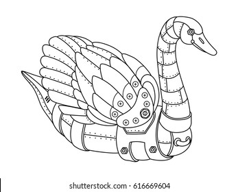 Steam punk style swan. Mechanical animal. Coloring book vector illustration.