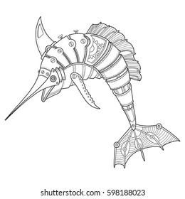 Steam punk style swordfish. Mechanical animal. Coloring book vector illustration.