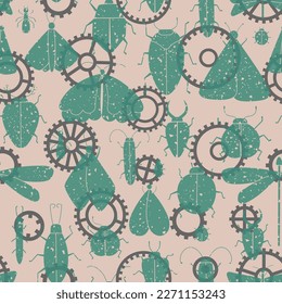 Steam punk vector seamless pattern with grunge vintage insects, cogwheels silhouette.