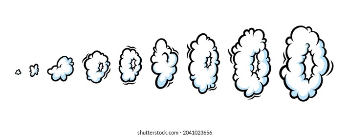 Steam ring in comic style. Growing row of round clouds of vapour or smoke for cigar, cigarette or quick motion. Vector illustration isolated in white background