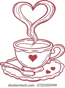 El vapor se eleva en forma de corazón sobre una taza de bebida caliente colocada en un platillo con corazones Pequeños