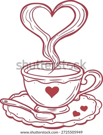 Steam rises in a heart shape above a cup of hot drink placed on a saucer with small hearts