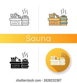Steam room icon. Linear black and RGB color styles. Sauna recreation, vaporarium. Steam bath, bathhouse accessories. Water bucket, wooden spoon and heated stones isolated vector illustrations