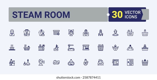 Steam Room icons. Contains linear outline icons like equipment, pool, herbal tea, relax, body, room and more. Minimalistic icons. Minimalist editable vector stroke.