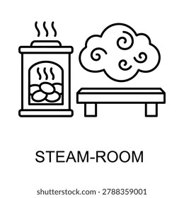 Steam room line icon featuring heating stove and wooden bench, wellness