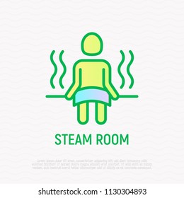 Steam room thin line icon: man sitting in sauna on bench. Modern vector illustration.