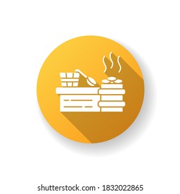 Steam room yellow flat design long shadow glyph icon. Sauna recreation, vaporarium. Steam bath, bathhouse accessories. Water bucket, wooden spoon and heated stones silhouette RGB color illustration