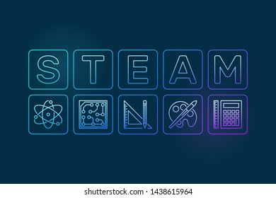 STEAM - science, technology, engineering, art and mathematics vector colorful illustration on dark background