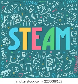 STEAM. Science, technology, engineering, art, mathematics. Education doodles and hand written word "STEAM"