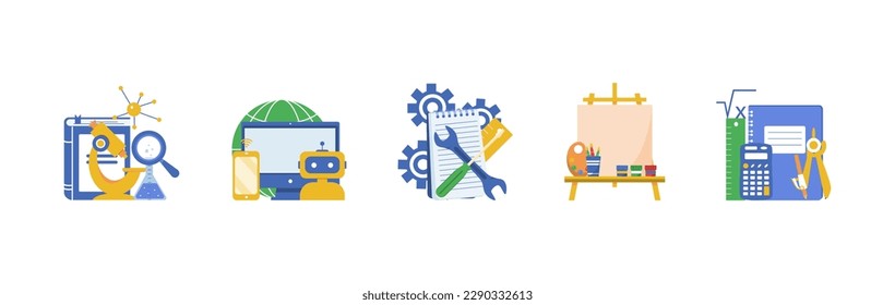 STEAM - science, technology, engineering, art and mathematics with text. Vector illustration for education apps and websites.