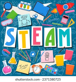 STEAM. Science, technology, engineering, mathematics, art. Science education collage with hand written word "STEAM"