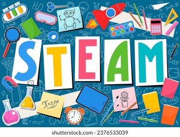 STEAM. Science, technology, engineering, mathematics, art. Science education collage with hand written word "STEAM"