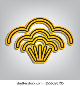Steam sign. Flat orange icon with overlapping linear black icon with gray shadow at whitish background. Illustration.