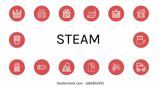 steam simple icons set. Contains such icons as Sauna, Coffee shop, Iron, Boiled, Vacuum cleaner, Ironed, Coffee, Toy train, Pots, Kettle, can be used for web, mobile and logo
