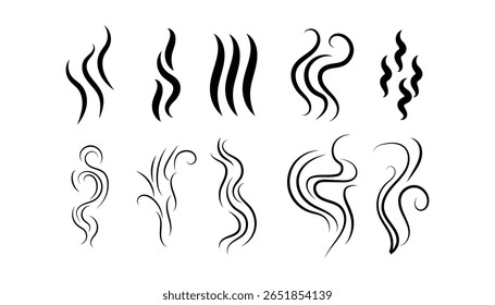 Ícones de vapor e cheiro. Conjunto de Fumaça, Vapor, Linhas de Calor e Símbolos de Aroma. Elementos vetoriais de ar quente ou fragrância.