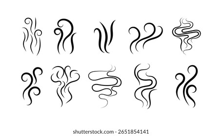 Ícones de vapor e cheiro. Conjunto de Fumaça, Vapor, Linhas de Calor e Símbolos de Aroma. Elementos vetoriais de ar quente ou fragrância.