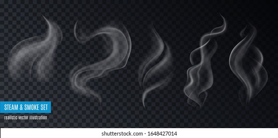 Steam and smoke collection of realistic images on transparent background with text and five different shapes vector illustration